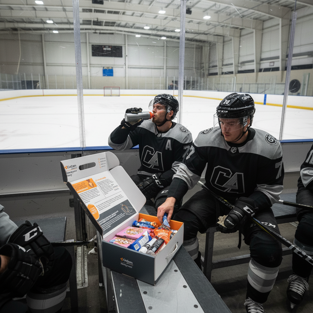 Two hockey players sitting on the bench with a box of snacks in an indoor ice rink.