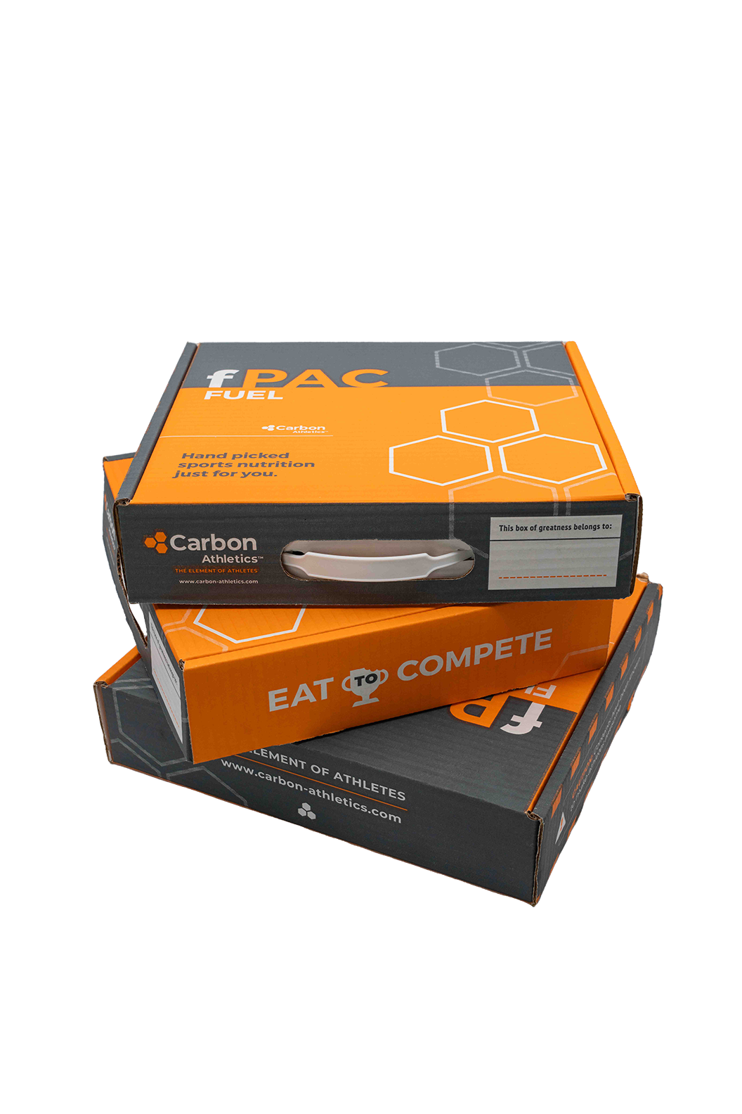 Three stacked boxes with 'fPAC' and 'Carbon Athletics' branding on a white background