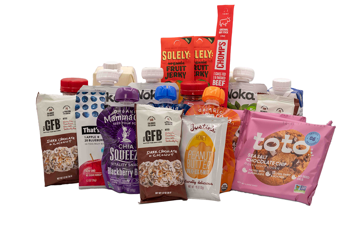 Assorted snack packages on a white background