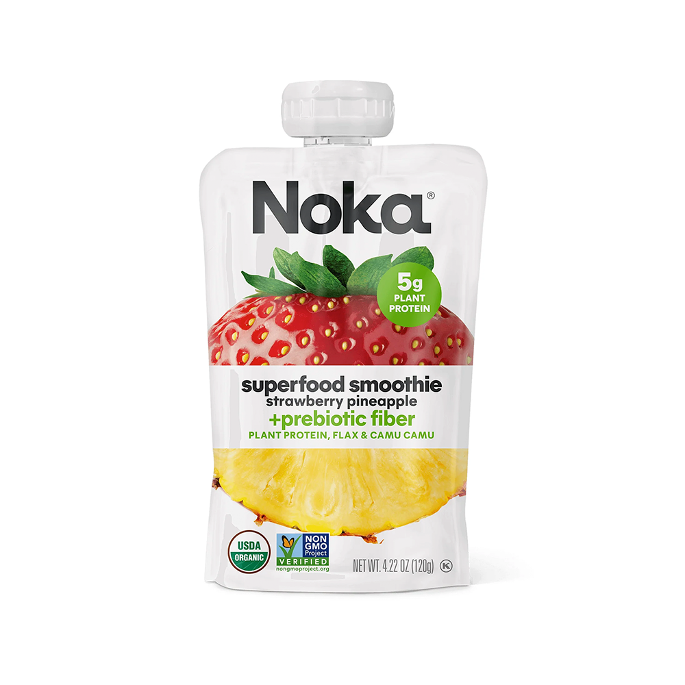 Noka superfood smoothie pouch with strawberry and pineapple on a white background