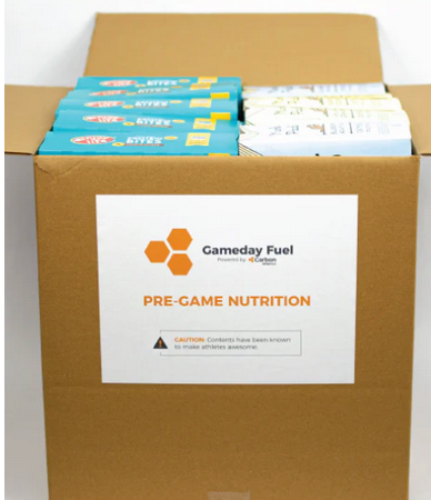 Box of Gameday Fuel pre-game nutrition products on a white background