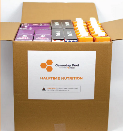 Box of Gameday Fuel Halftime Nutrition products on a white background