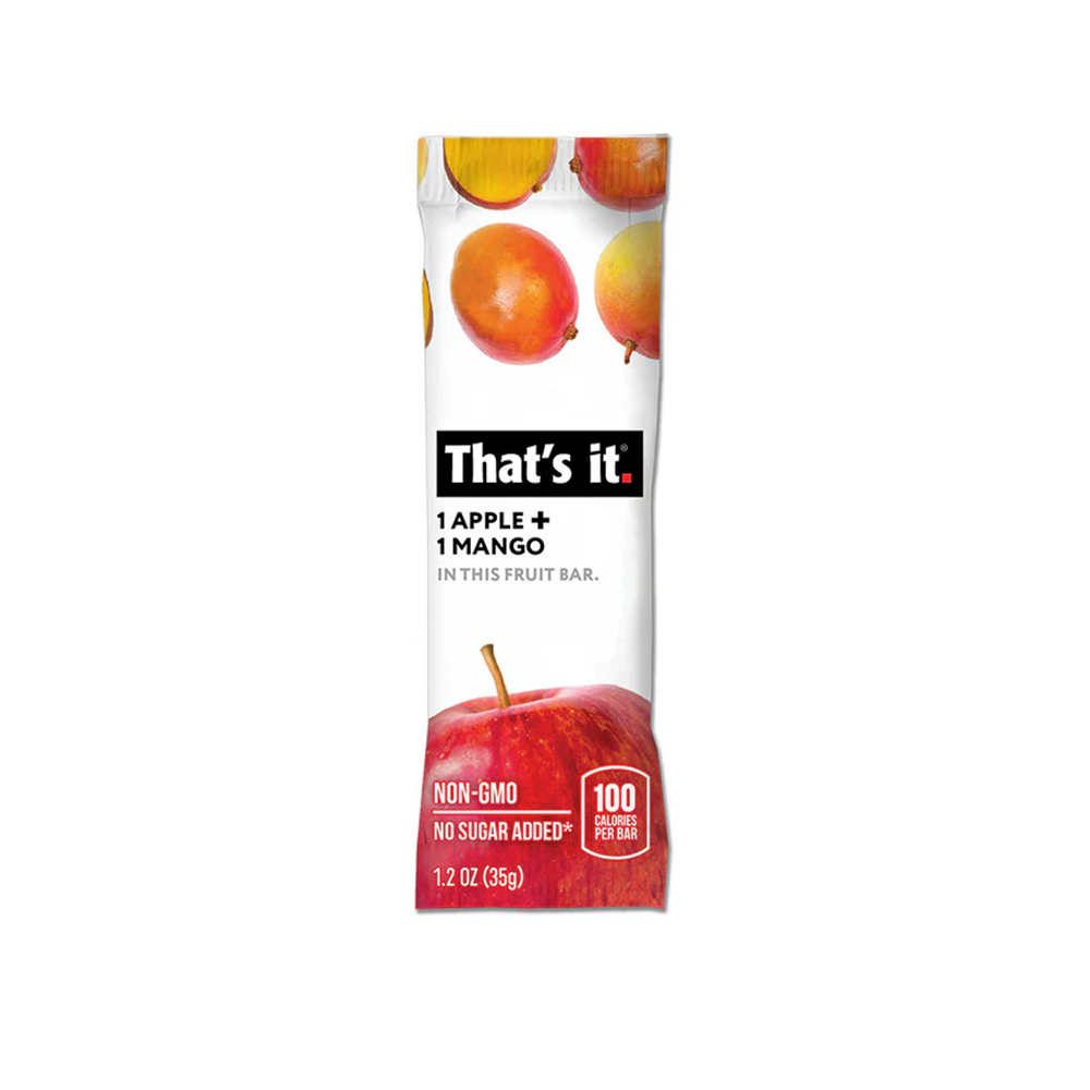 Fruit bar packaging with apples and mangoes on a white background