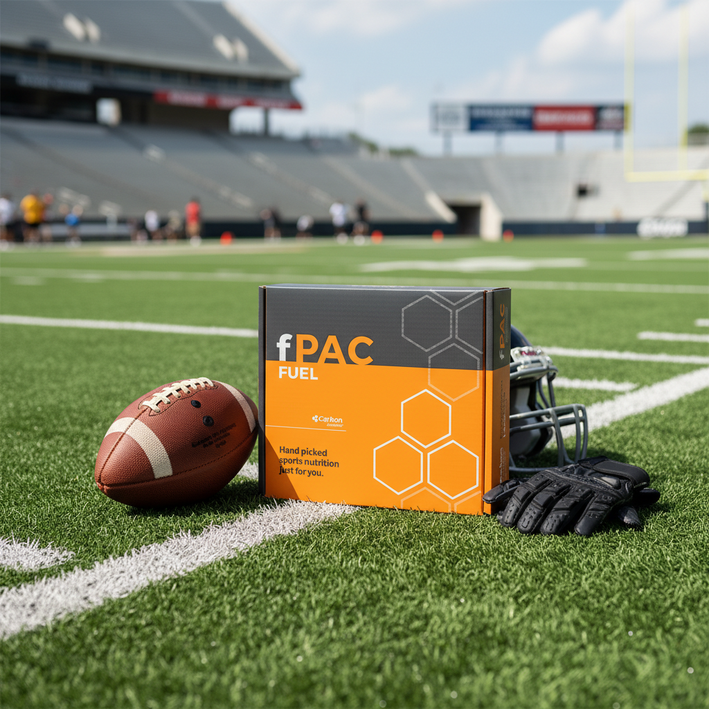 fPAC Fuel box on a football field with a football and helmet nearby