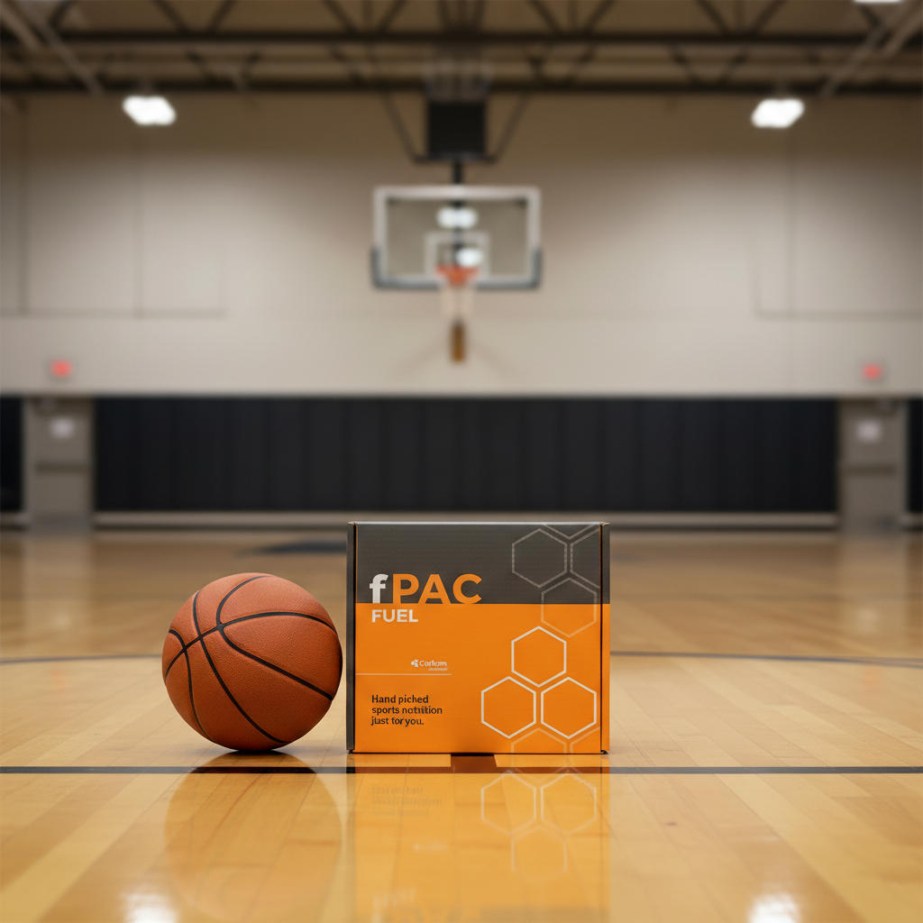 Basketball and fPAC Fuel box on a basketball court