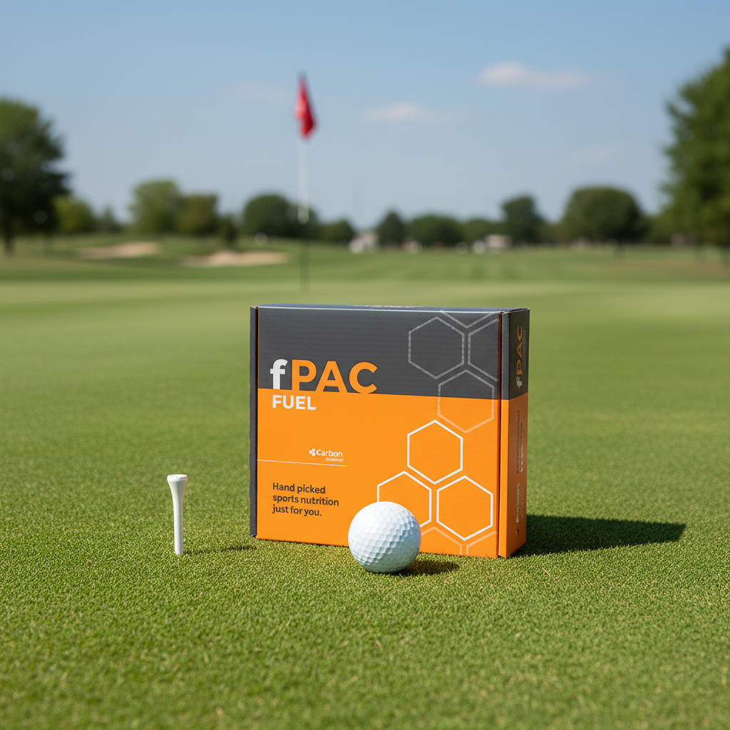 fPAC Fuel package on a golf course with a golf ball and tee