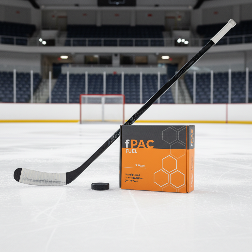 Hockey stick and fPAC Fuel package on an ice rink