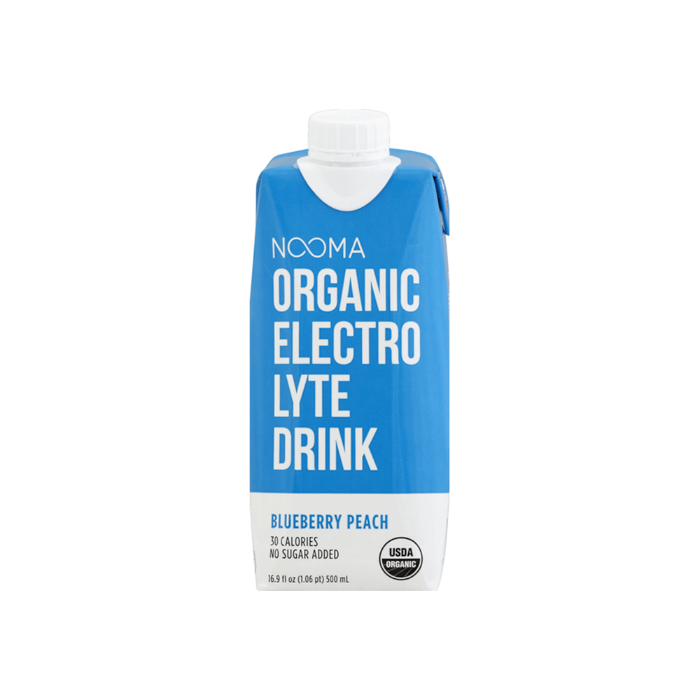 Nooma Organic Electrolyte Drink carton with blue and white design on a white background