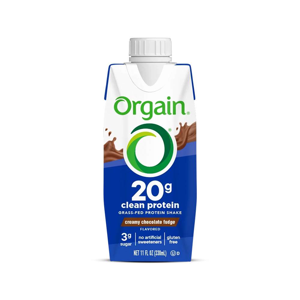 Orgain protein shake container with chocolate flavor on a white background