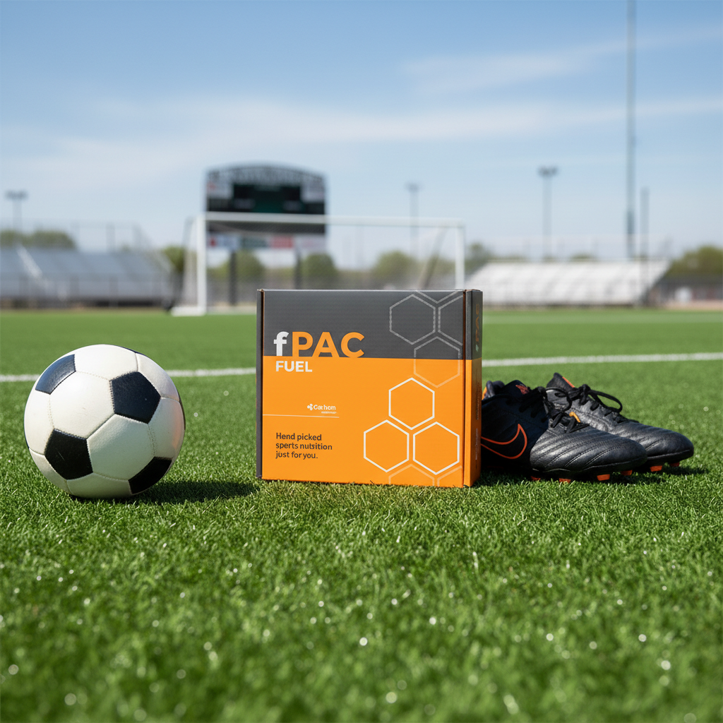 fPAC Fuel box with soccer ball and shoes on a grass field