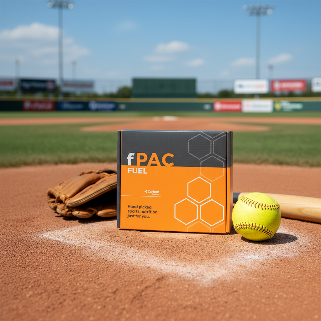 fPAC Fuel box on a baseball field with a glove and ball