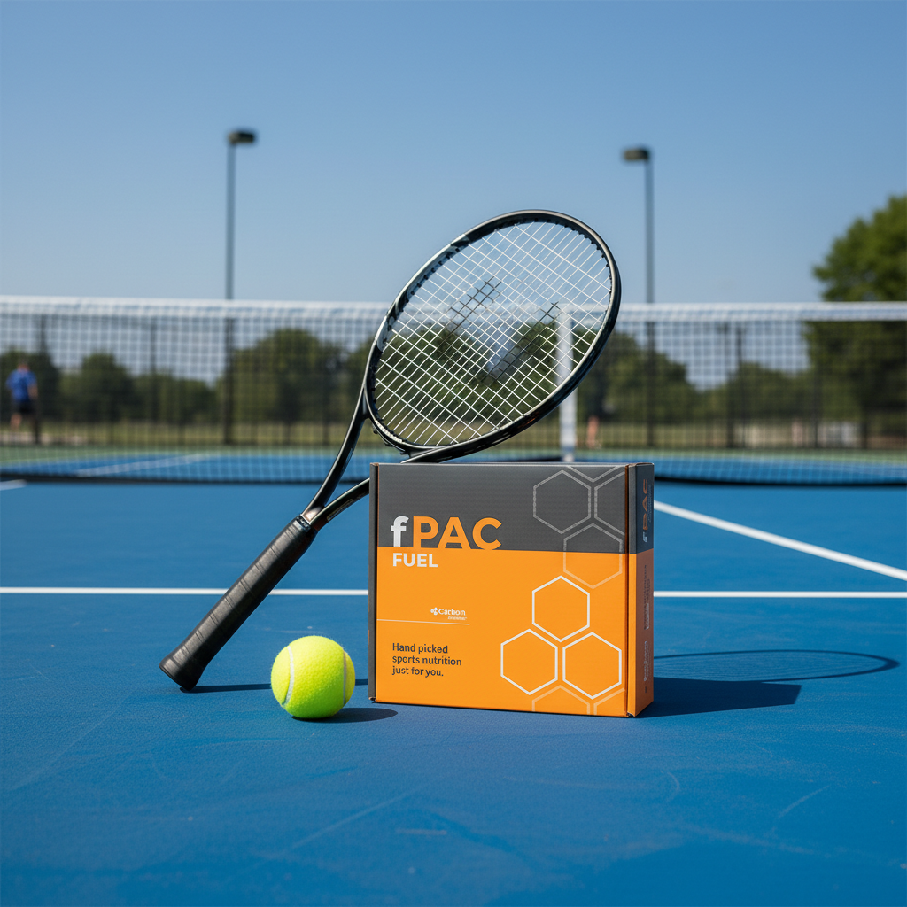 Tennis racket and ball on a tennis court with fPAC Fuel box