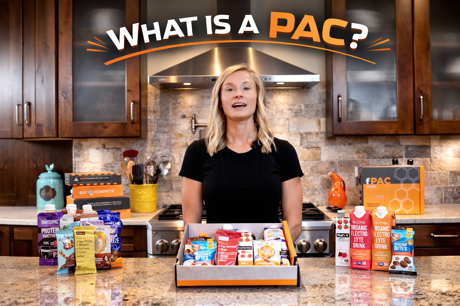 Woman standing in a kitchen with PAC products displayed on the counter, explaining what a PAC is.